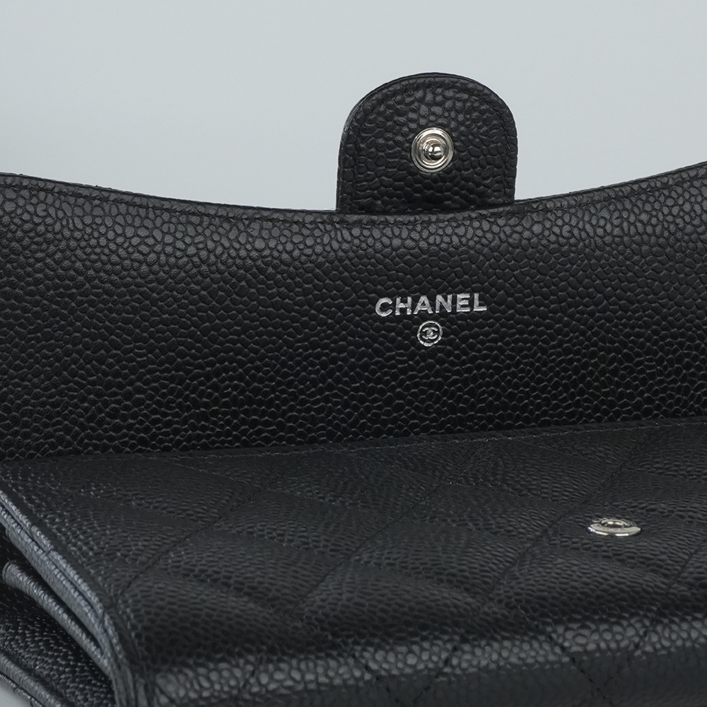 CHANEL LONG FLAP WALLET 香奈兒 魚子醬牛皮長夾 黑 / 銀扣 