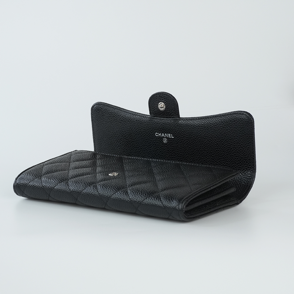 CHANEL LONG FLAP WALLET 香奈兒 魚子醬牛皮長夾 黑 / 銀扣 