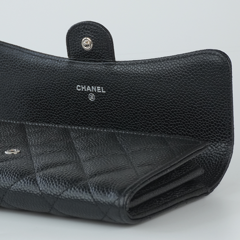 CHANEL LONG FLAP WALLET 香奈兒 魚子醬牛皮長夾 黑 / 銀扣 
