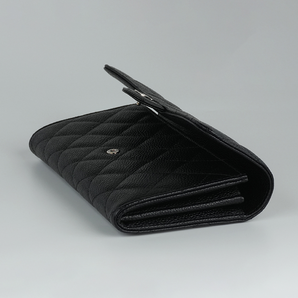 CHANEL LONG FLAP WALLET 香奈兒 魚子醬牛皮長夾 黑 / 銀扣 